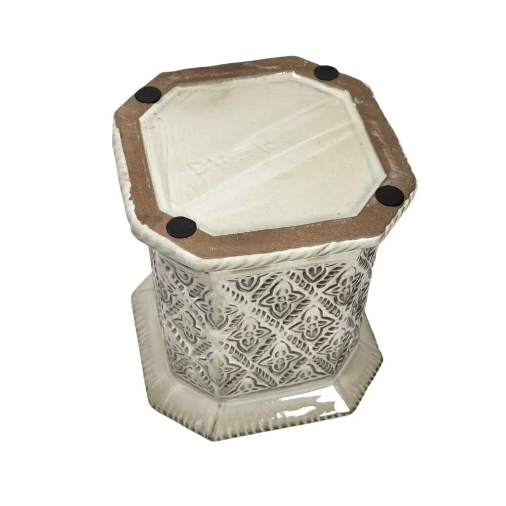 Vintage Ceramic Canister Cookie Jar Cream Kitchen Decor Floral Relief Octagonal